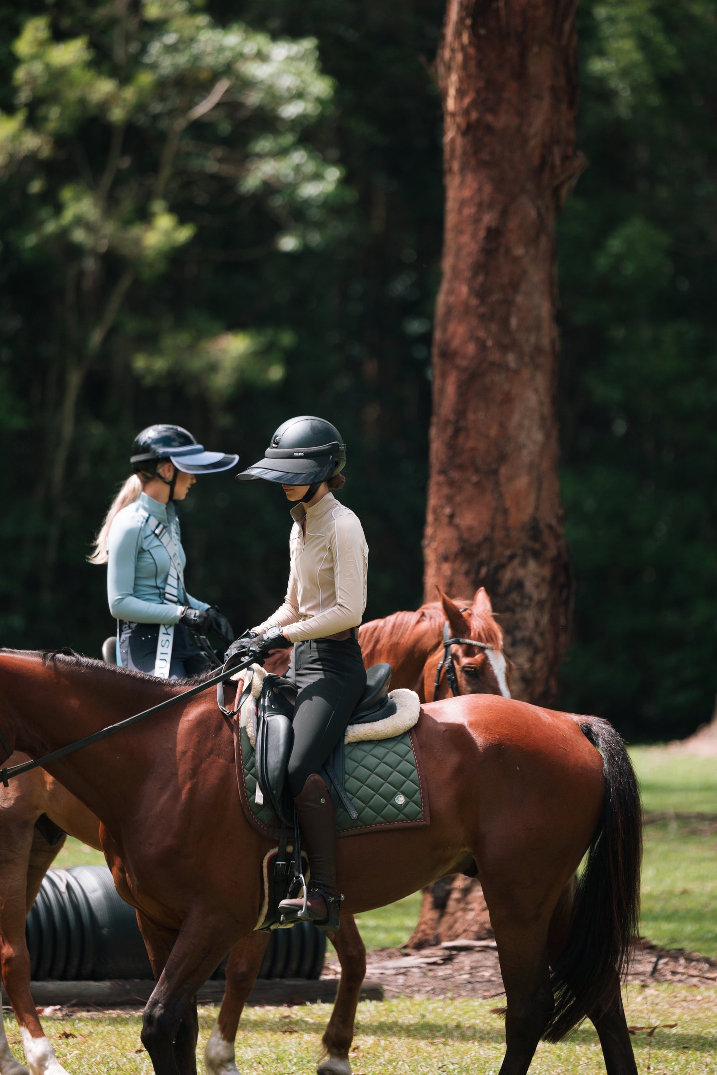 Two people riding horses in a natural setting with trees and grass.