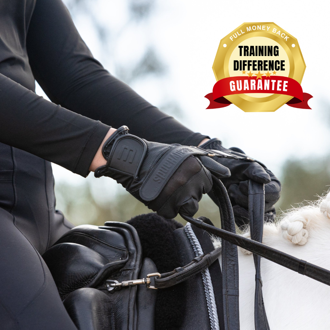 Person wearing black gloves holding a horse bridle with a warranty badge in the corner.